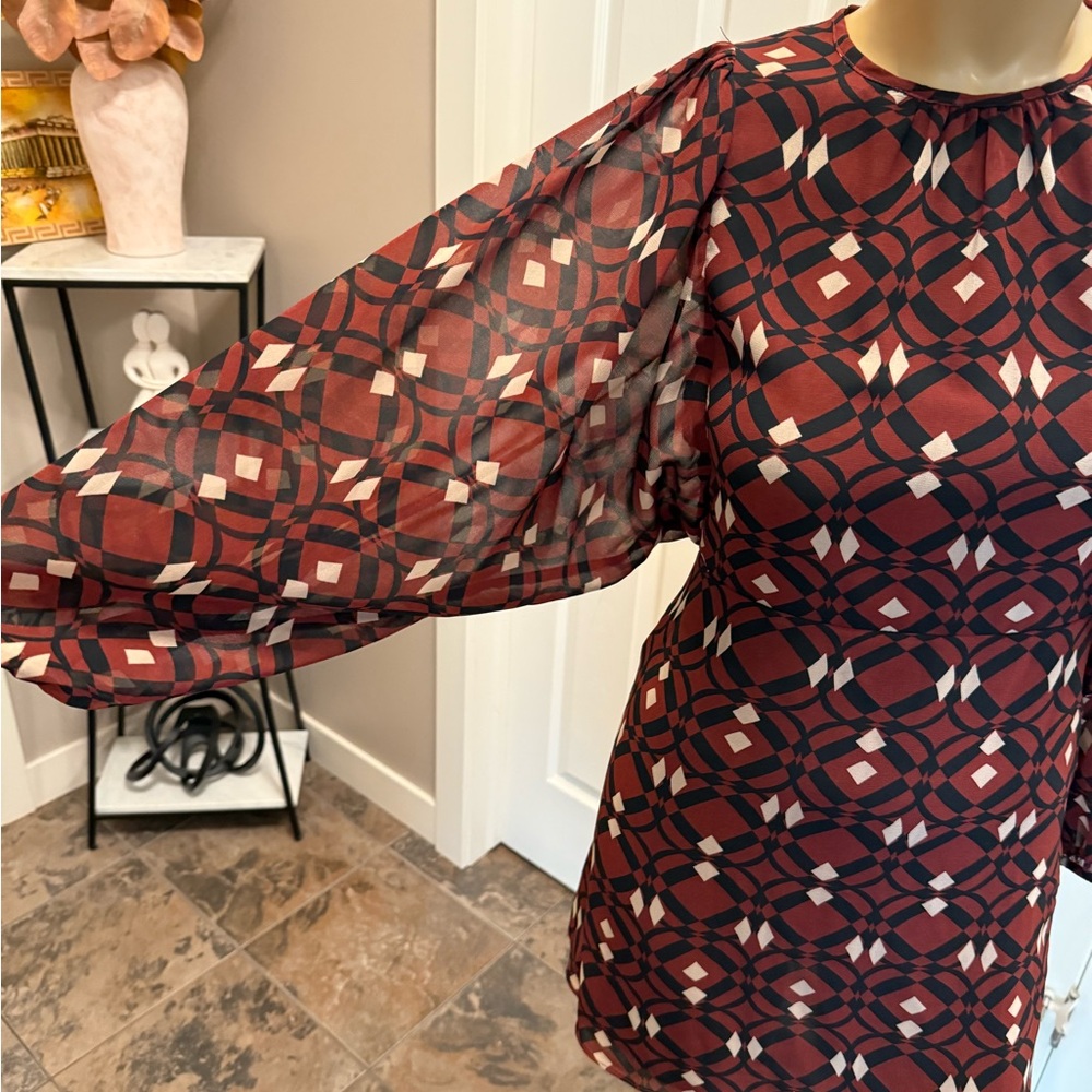 Zara Red and Blue Sheath Dress with Bishop Sleeves